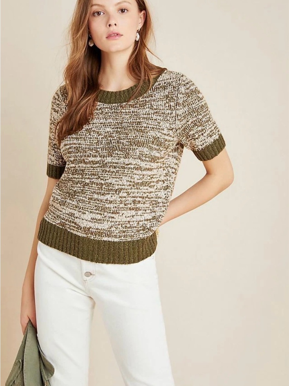 Anthropologie Olive and Cream Marled Short-Sleeve Sweater Sz S
